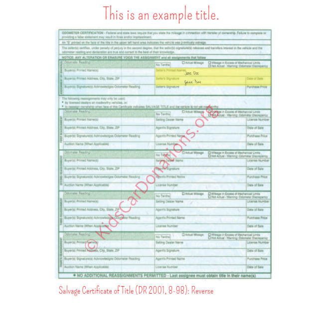 This is an Example Salvage Certificate of Title (DR 2001, 8-98) Reverse View | Kids Car Donations